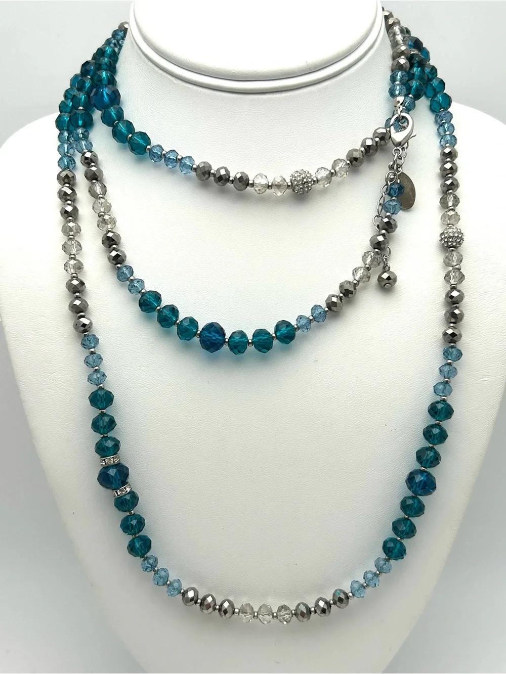White House Black Market WHBM Blue Beaded and Jeweled Long Strand Necklace 56”
